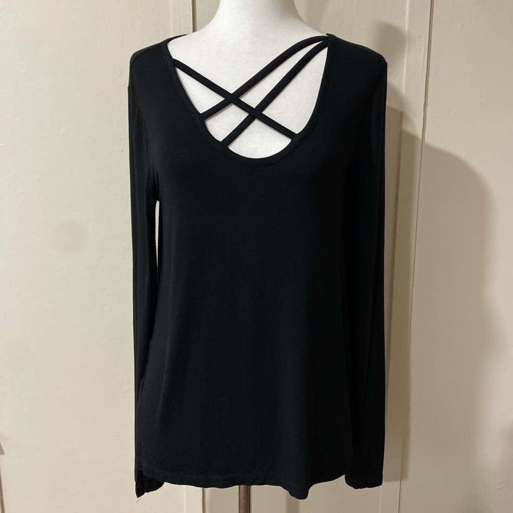 Black Long Sleeve Top w/ Asymmetrical Straps, Size XS